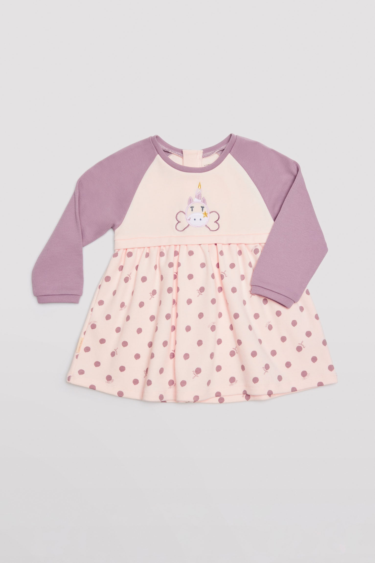 Vestido bebé manga comprida com estampado de unicórnio e bolinhas rosa