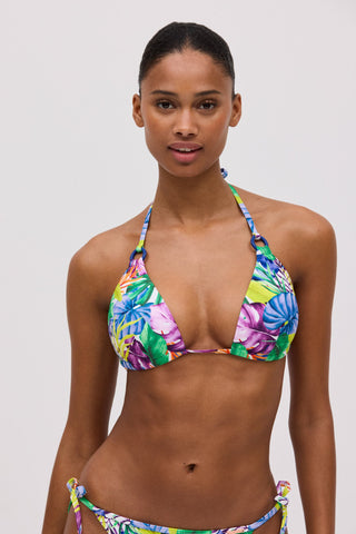 Top biquíni triângulo push-up estampado tropical copa B