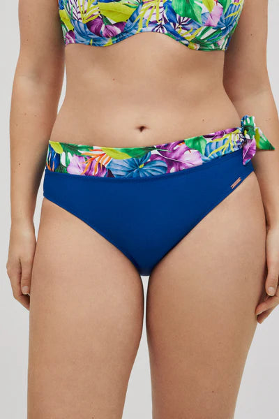 Cueca biquíni midi azul com estampado tropical