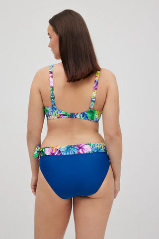 Cueca biquíni midi azul com estampado tropical